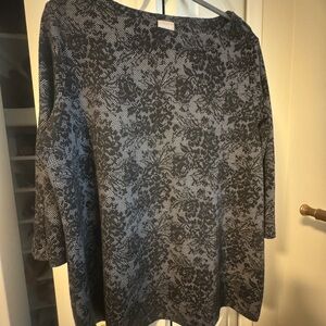 Chico’s Gray Black Boxy Floral Print Sweater with Rounded Neckline